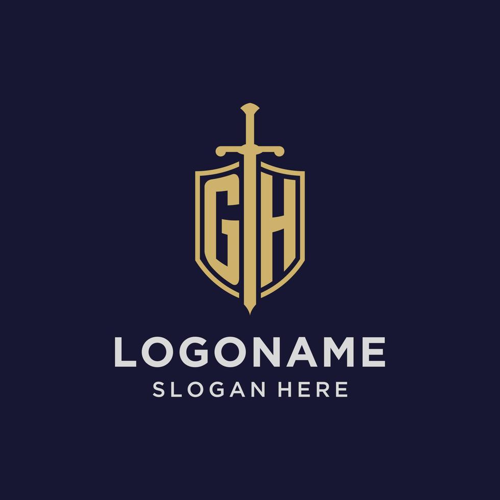 gh logo eerste monogram met schild en zwaard ontwerp vector