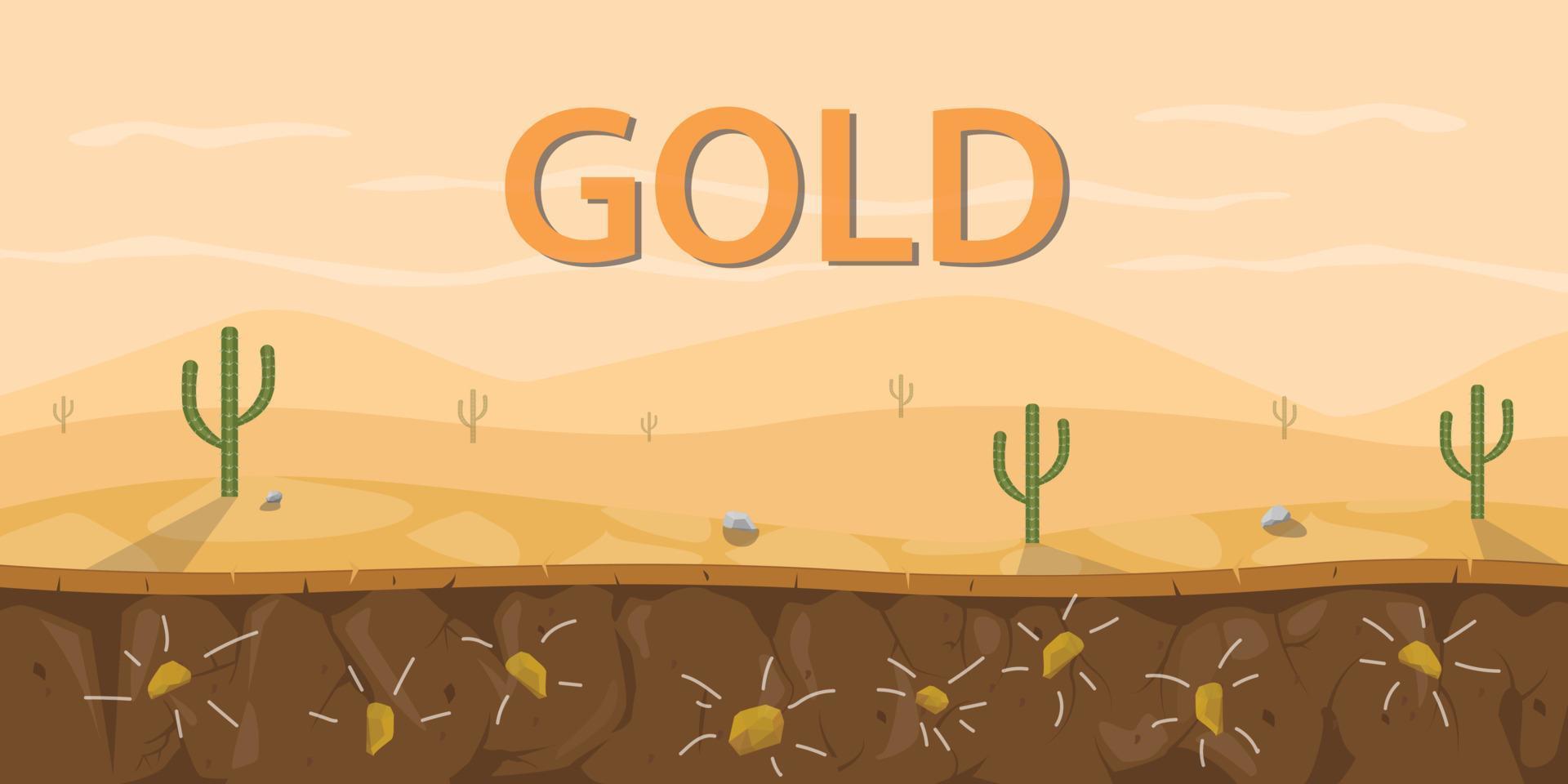 goud de mijne steen bodem laag met cactus Aan woestijn Oppervlakte vector grafisch illustratie