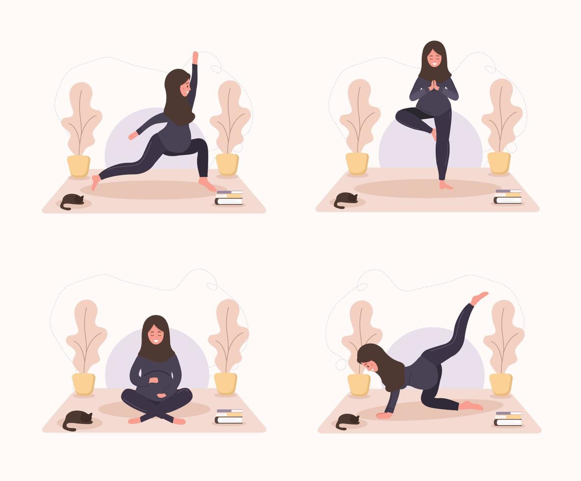 verzameling Arabisch zwanger Dames aan het doen yoga, hebben gezond levensstijl en ontspanning. bundel opdrachten voor meisjes. modern vector illustratie in vlak stijl. gelukkig zwangerschap concept Aan wit achtergrond.