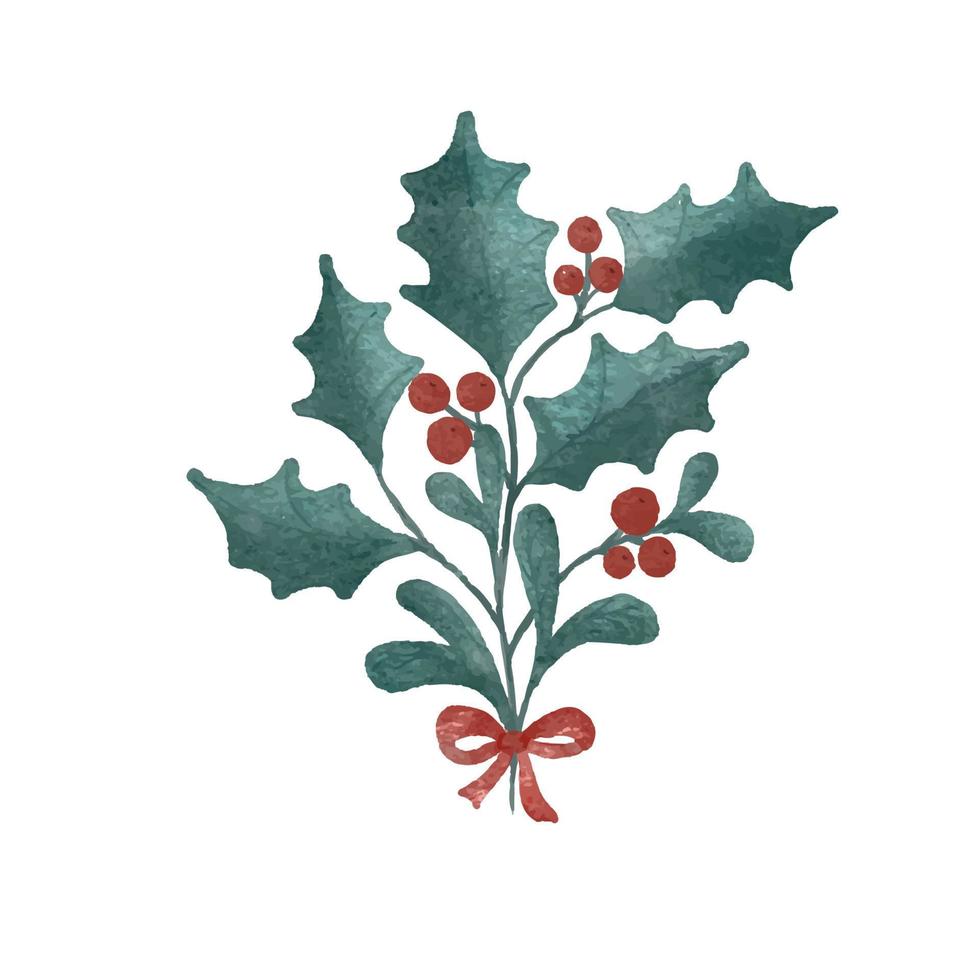 Kerstmis decoraties waterverf stijl. hulst BES, Spar, tak, pijnboom ijshoorntje, spar, geïsoleerd Aan wit achtergrond. vector