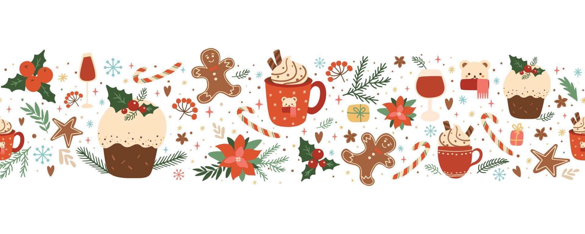 Kerstmis taart, pudding, voedsel, koffie, peperkoek naadloos grens met winter vakantie bloemen decoratief elementen. gebakken Kerstmis nagerecht, heet winter drankje. horizontaal herhaling vector illustratie