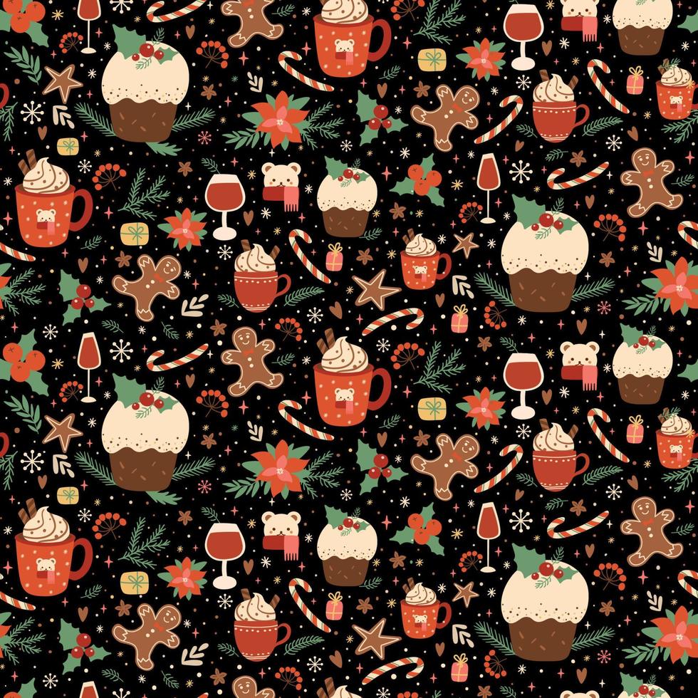 Kerstmis taart naadloos patroon. traditioneel Kerstmis pudding, voedsel, thee in beker, peperkoek herhaling achtergrond, behang, textiel, kleding stof, oppervlakte ontwerp voor winter vakantie. vector illustratie