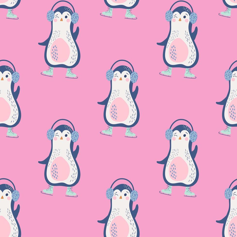 vector naadloos patroon met pinguïns vervelend skates en koptelefoon. helder kinderachtig achtergrond met schattig karakters. digitaal papier.