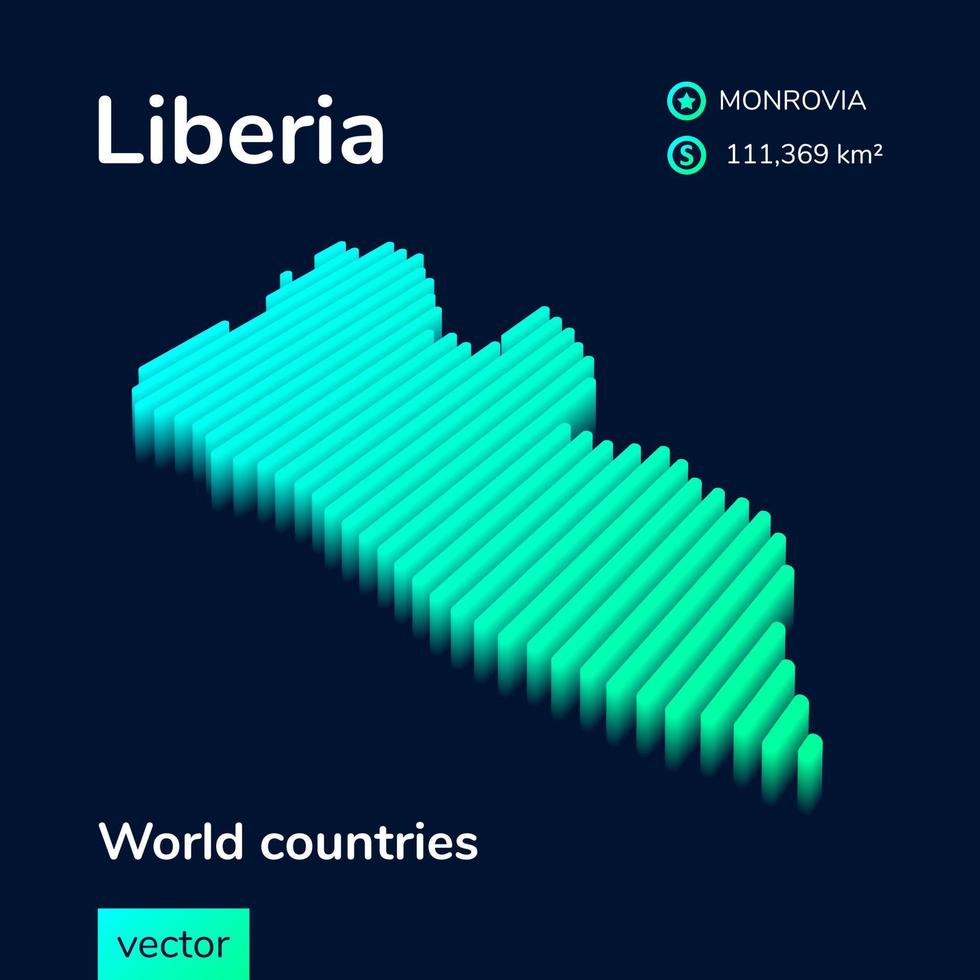 3d kaart van Liberia. gestileerde gestreept isometrische vector kaart van Liberia is in neon groen en munt kleuren Aan de donker blauw achtergrond