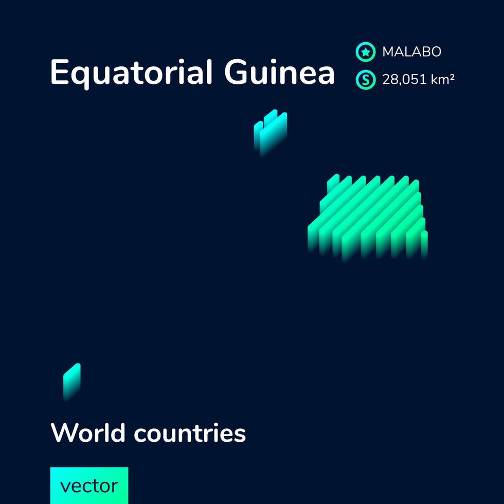 equatoriaal Guinea 3d kaart. gestileerde gestreept vector isometrische kaart is in neon groen en munt kleuren Aan de donker blauw achtergrond