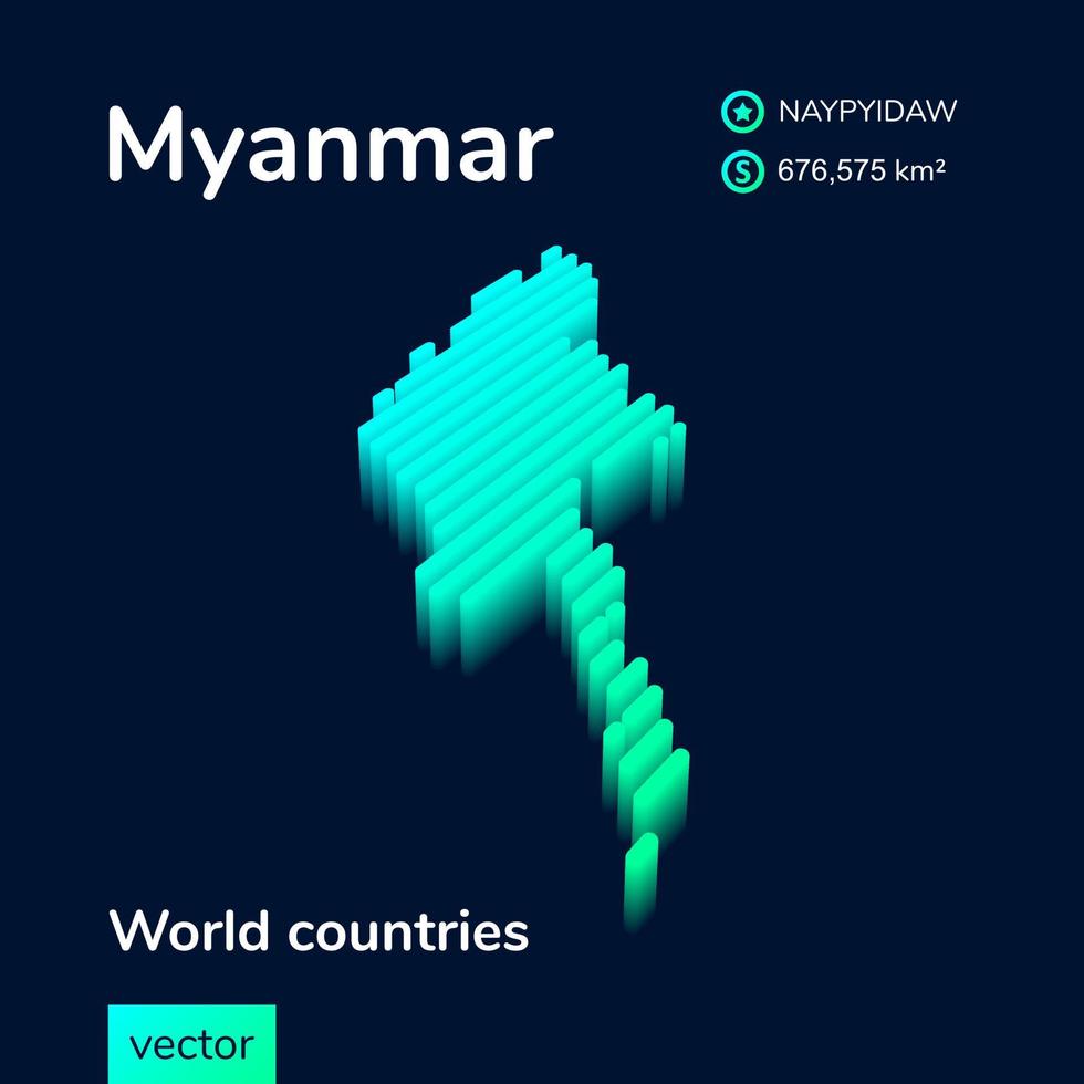 3d kaart van myanmar. gestileerde neon isometrische gestreept vector kaart in turkoois en munt kleuren