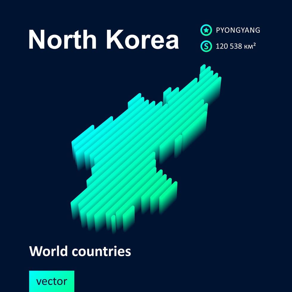 3d kaart van noorden Korea. gestileerde gestreept vector kaart in neon groen en munt kleuren Aan blauw achtergrond