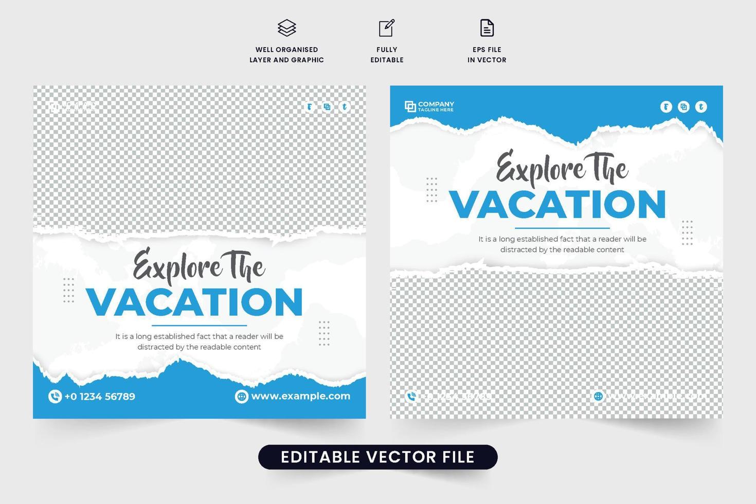 toeren groep promo sjabloon ontwerp voor digitaal marketing. reizen agentschap sociaal media post vector met blauw kleuren en borstel effect. vakantie reis beheer agentschap poster ontwerp met korting sectie