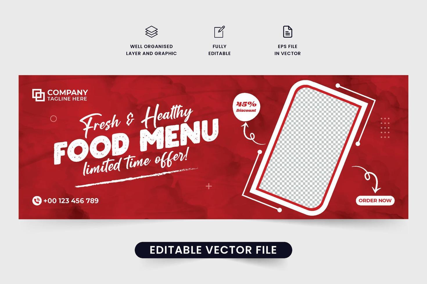 gezond voedsel promotionele sjabloon ontwerp voor sociaal media omslag. speciaal voedsel menu korting aanbod vector met een foto tijdelijke aanduiding. creatief culinaire bedrijf web banier ontwerp met rood kleur.