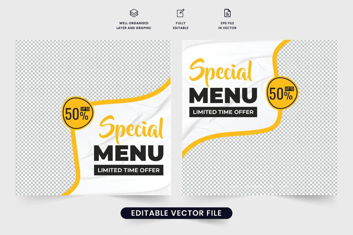 speciaal voedsel menu promo sjabloon ontwerp voor sociaal media marketing. voedsel korting poster sjabloon vector met abstract vormen en foto tijdelijke aanduidingen. voedsel promo sociaal media post met geel kleur.