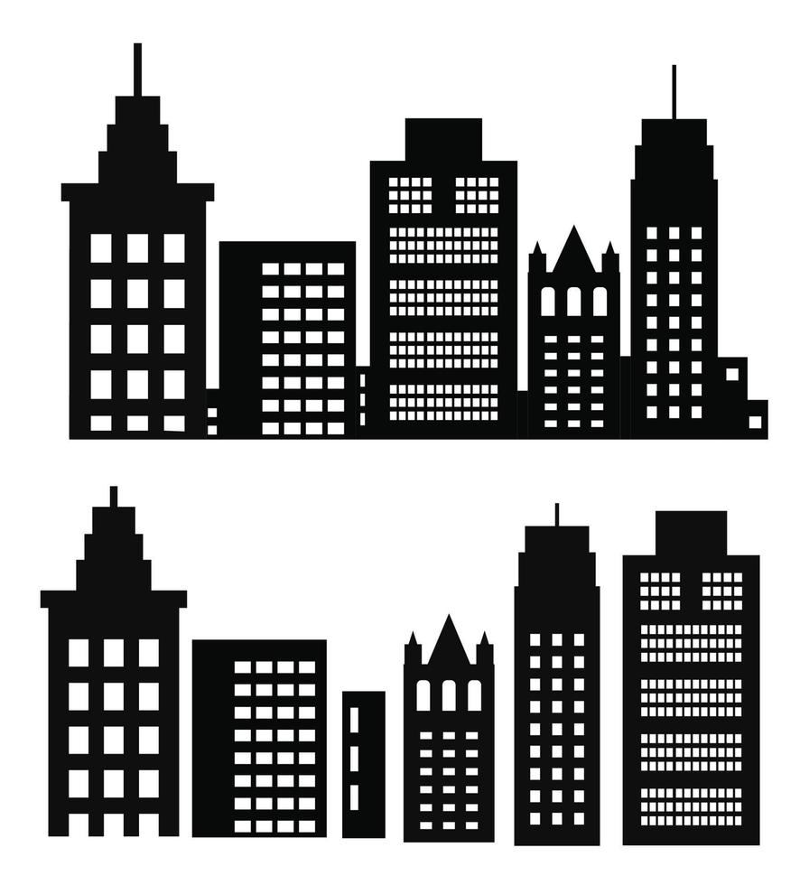 een vlak zwart wolkenkrabber en laagbouw gebouw silhouet reeks van vector illustraties van stad gebouwen in silhouetten