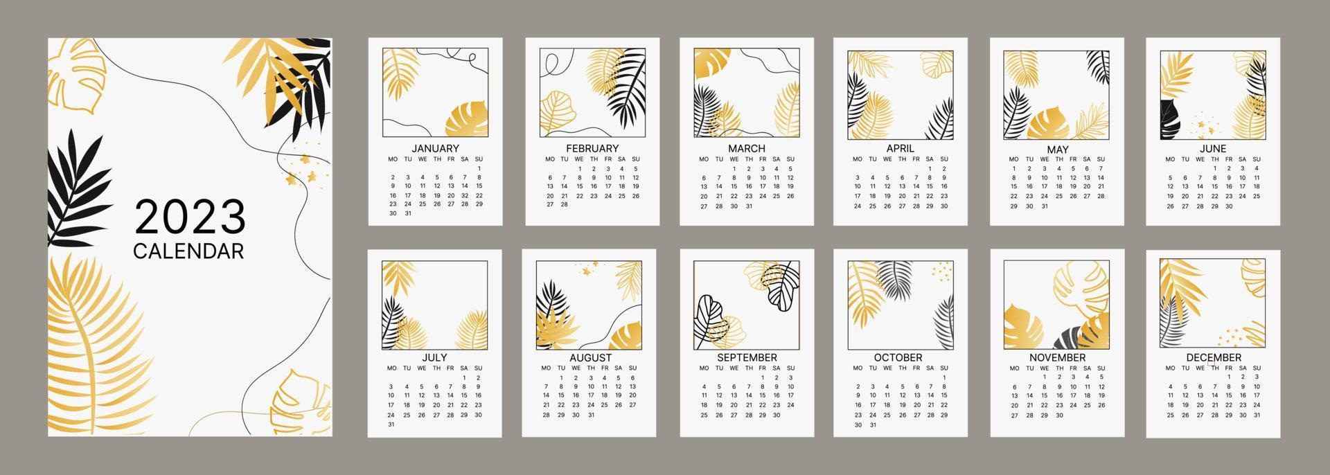 klassiek maandelijks kalender voor 2023. kalender met palm en monstera bladeren, wit en goud kleur. vector
