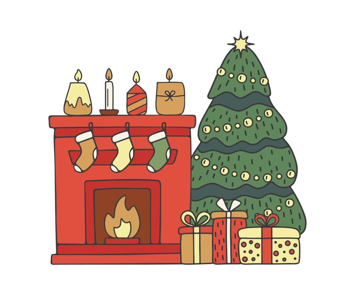 huis met haard en Kerstmis boom, interieur versierd voor Kerstmis vakantie. net met cadeaus en huis vuur, kaart Aan winter vakantie. vector illustratie