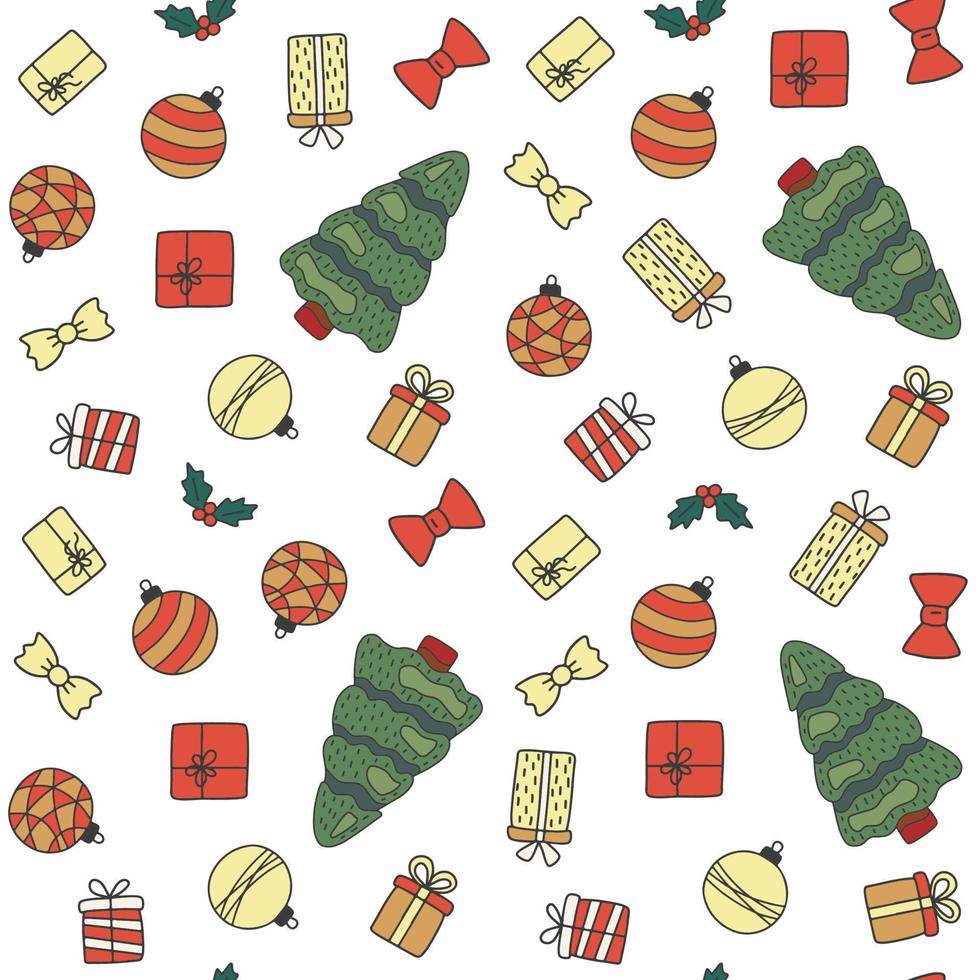 naadloos patroon voor Kerstmis Aan wit achtergrond met tekening elementen kerstmis. patroon voor geschenk, omhulsel papier, groet kaarten. sjabloon met geschenk, boog, bal, maretak. vector