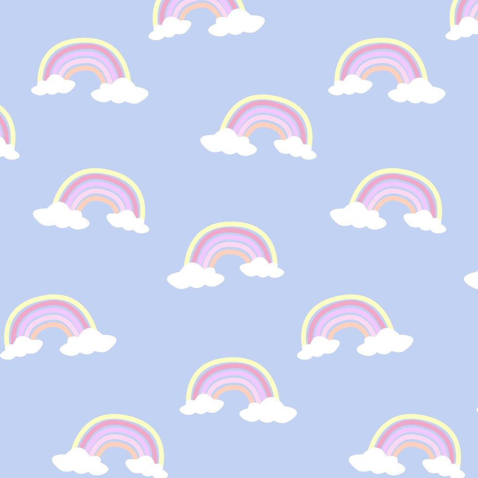 kleurrijk regenboog naadloos patroon met wolken geïsoleerd blauw achtergrond. hand- getrokken structuur voor kleding stof, inpakken, textiel, behang, kleding. vector illustratie