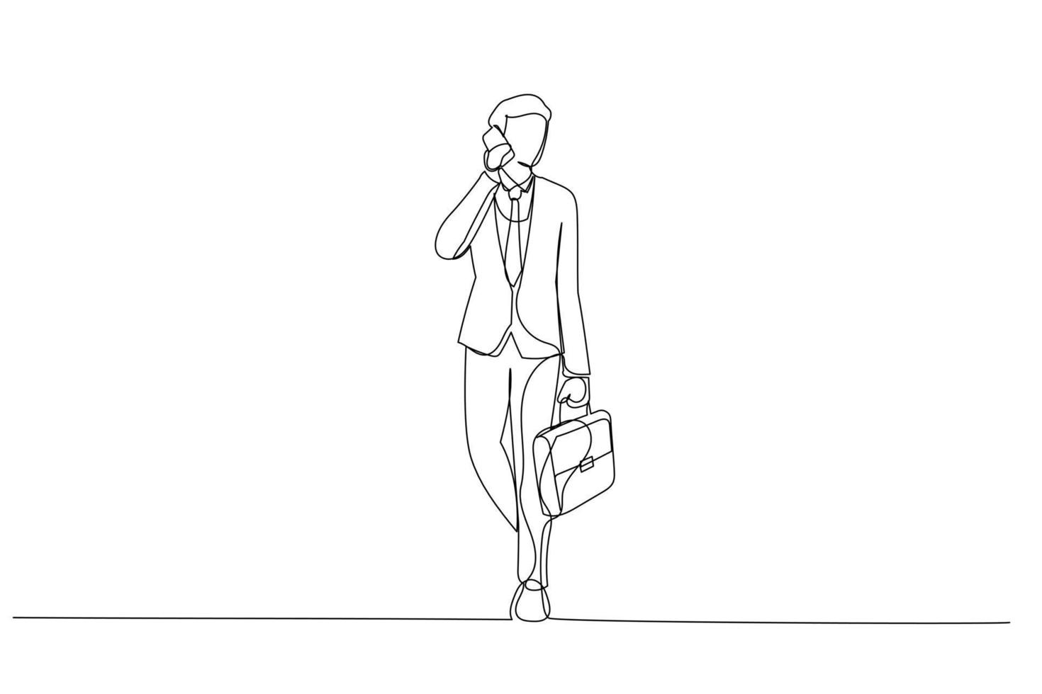 tekenfilm van zakenman in pak met zak Aan telefoon. een lijn kunst stijl vector