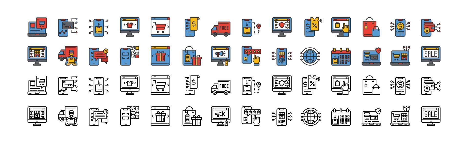 online boodschappen doen pictogrammen vector illustratie, uitverkoop, bedrijf, betaling, levering, online winkel