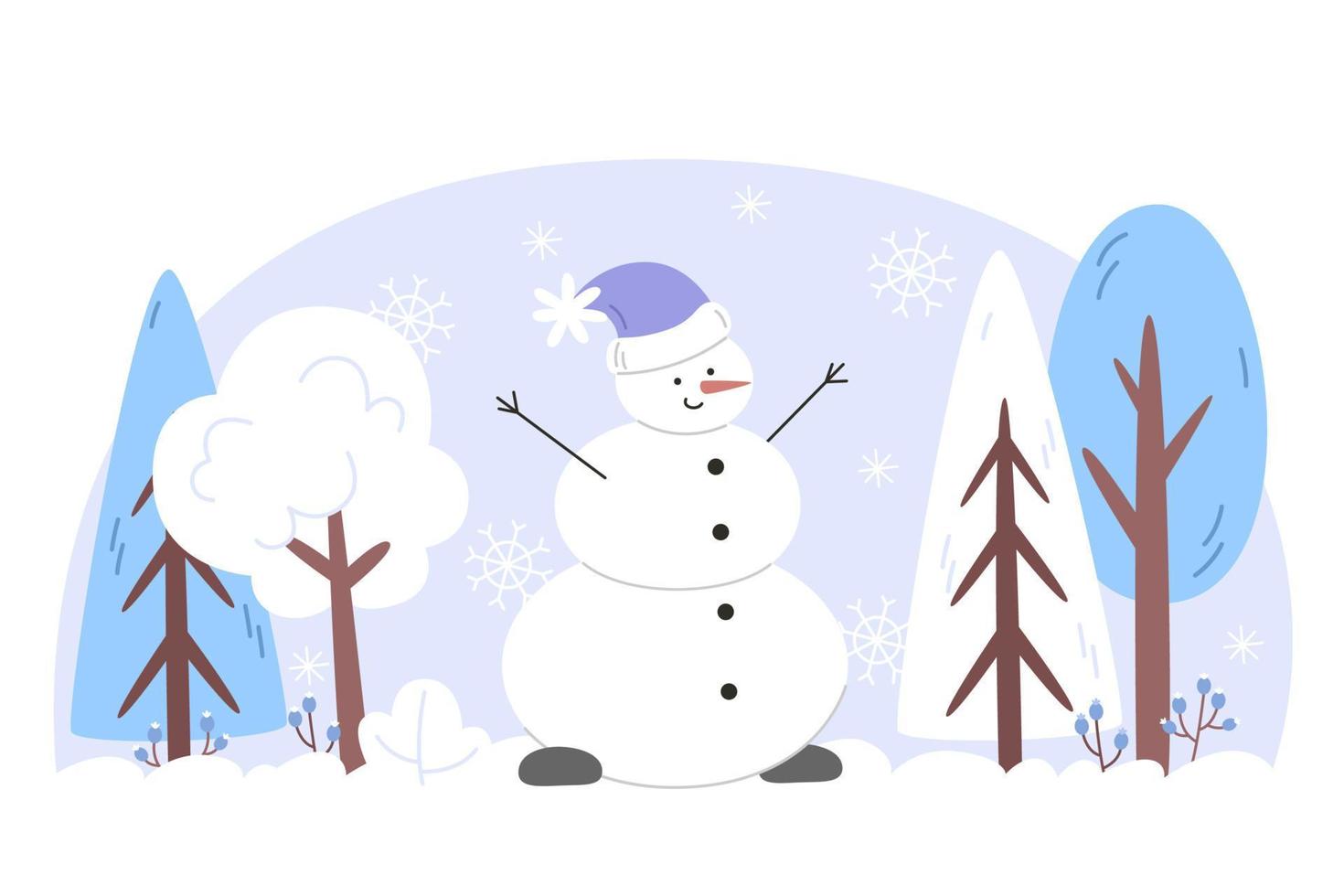 winter landschap met een sneeuwman in een besneeuwd Woud vector