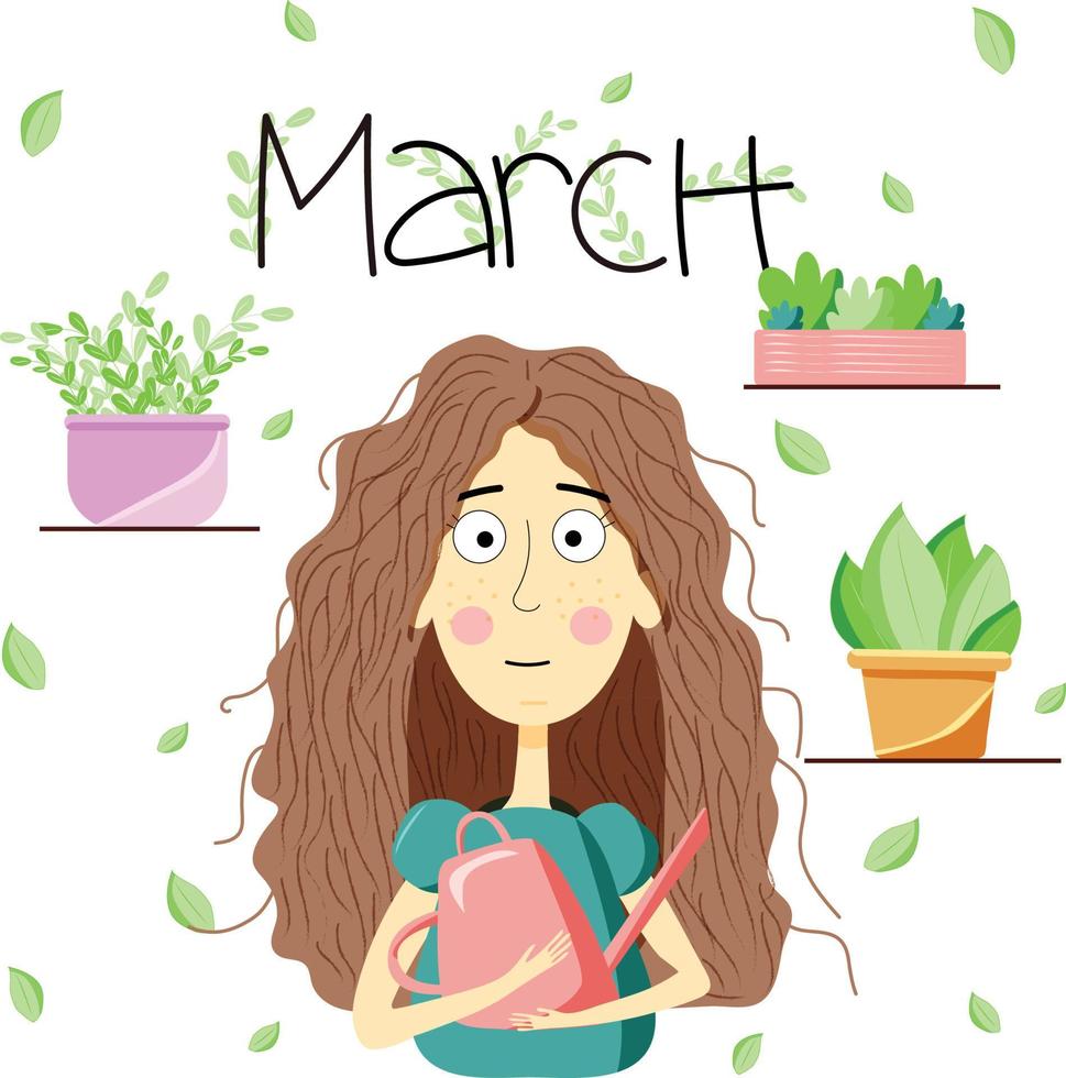 maart schattig meisje illustratie in vlak stijl. kalender, voorjaar humeur. vector