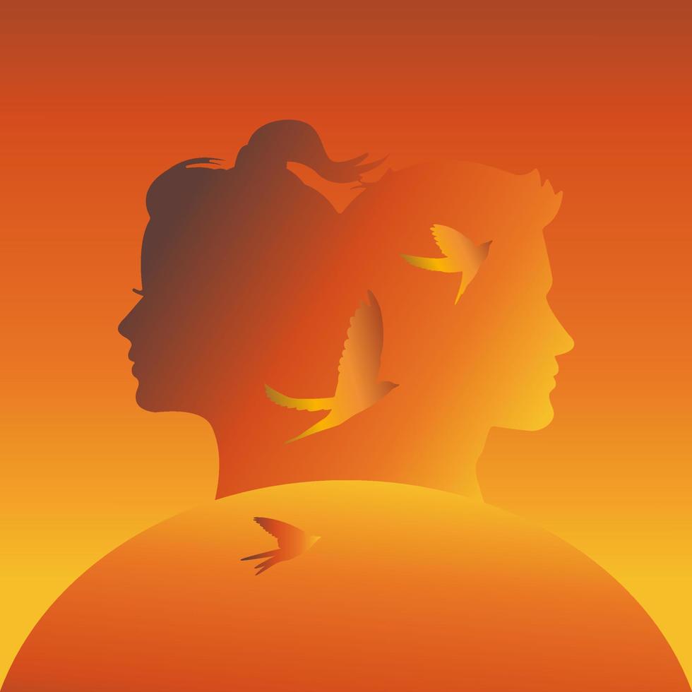 silhouet van een Mens en een vrouw Aan een achtergrond van de zon vector