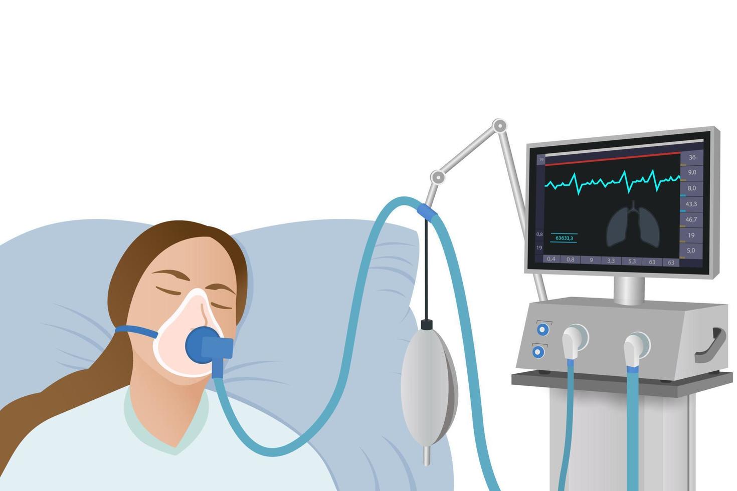 de geduldig leugens Aan een ziekenhuis bed met een zuurstof masker Aan een ventilator in kritiek voorwaarde. noodgeval medisch zorg. reanimatie van geduldig vector