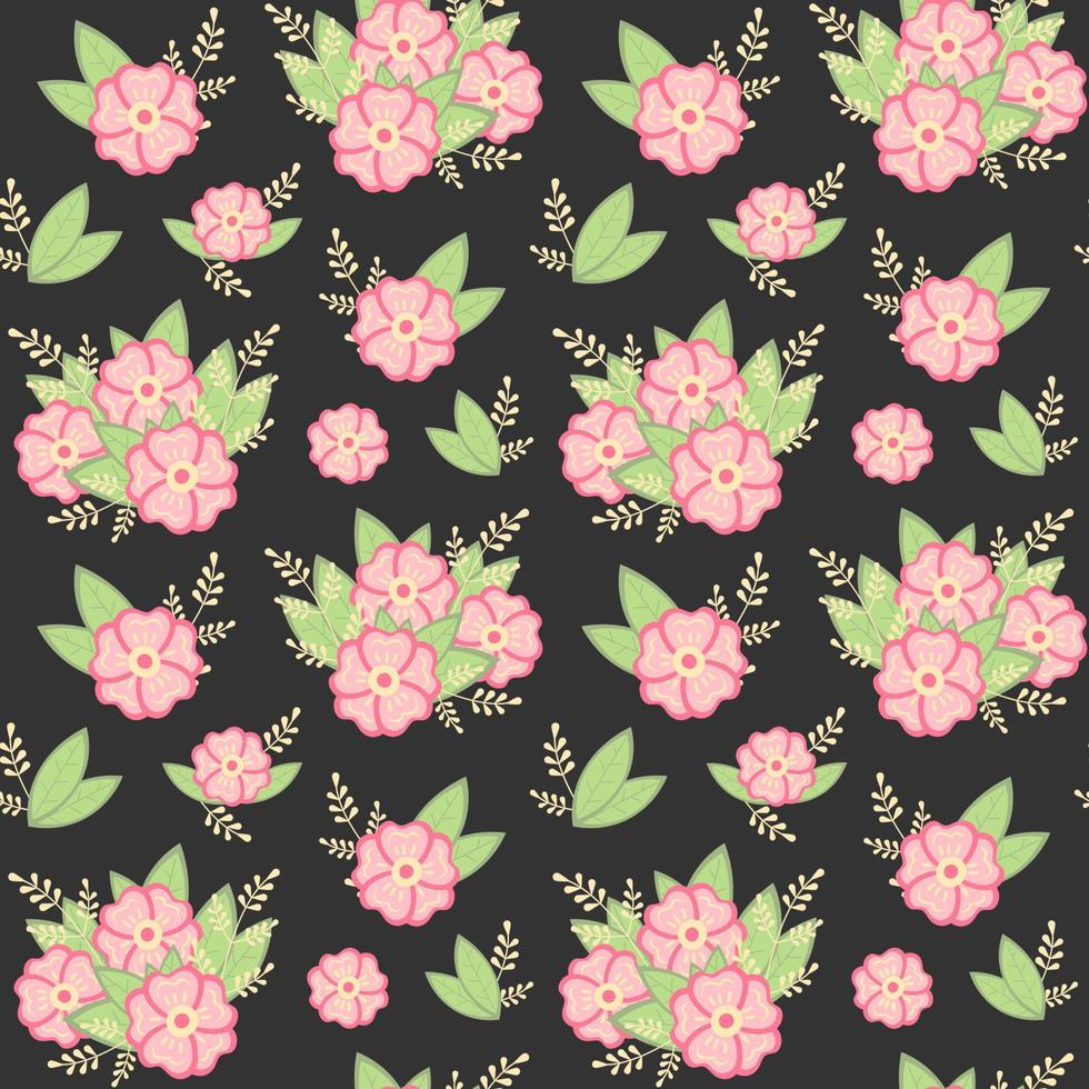 bloemen naadloos patroon Aan donker achtergrond. vector illustratie roze bloemen en fabriek elementen.