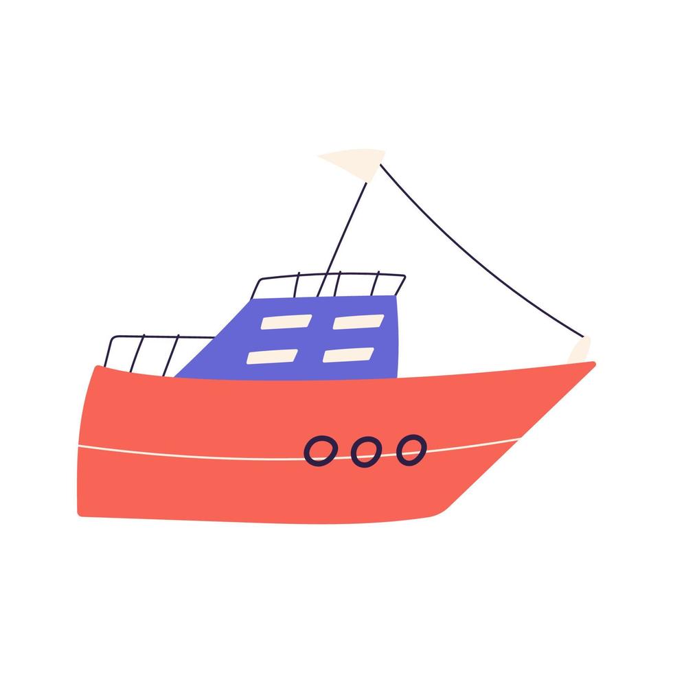 schattig schip of boot, tekenfilm vlak vector illustratie geïsoleerd Aan wit achtergrond. hand- getrokken kinderachtig boot. concepten van zee, vakantie, zomer en nautische vervoer.