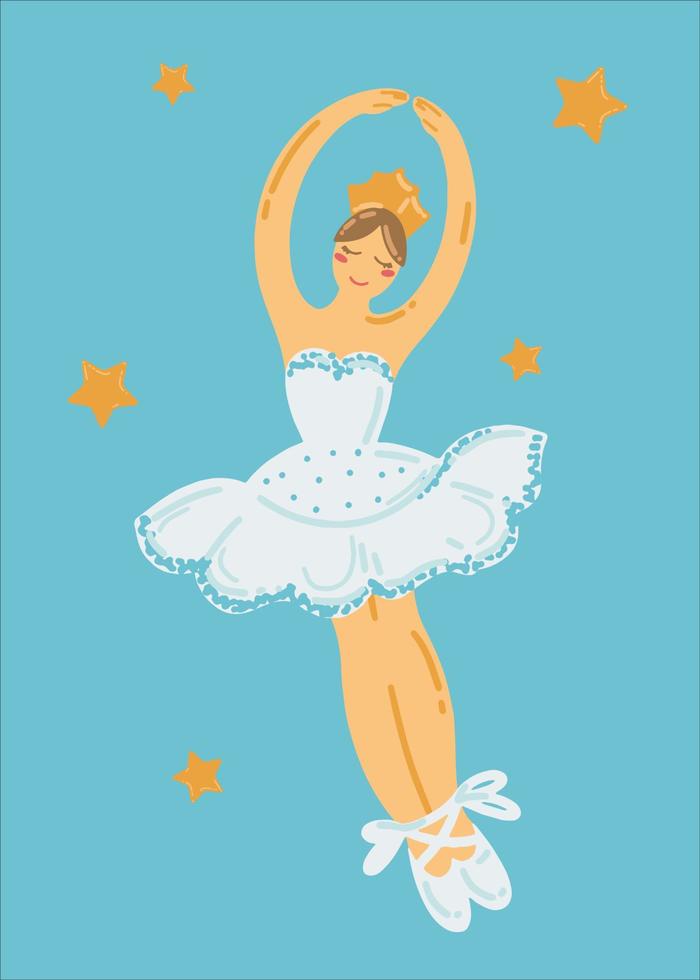 schattig ballerina met sterren Aan een blauw achtergrond. vakantie kaart ontwerp. kleurrijk vector illustratie. nieuw jaar illustratie. groet kaart sjabloon.