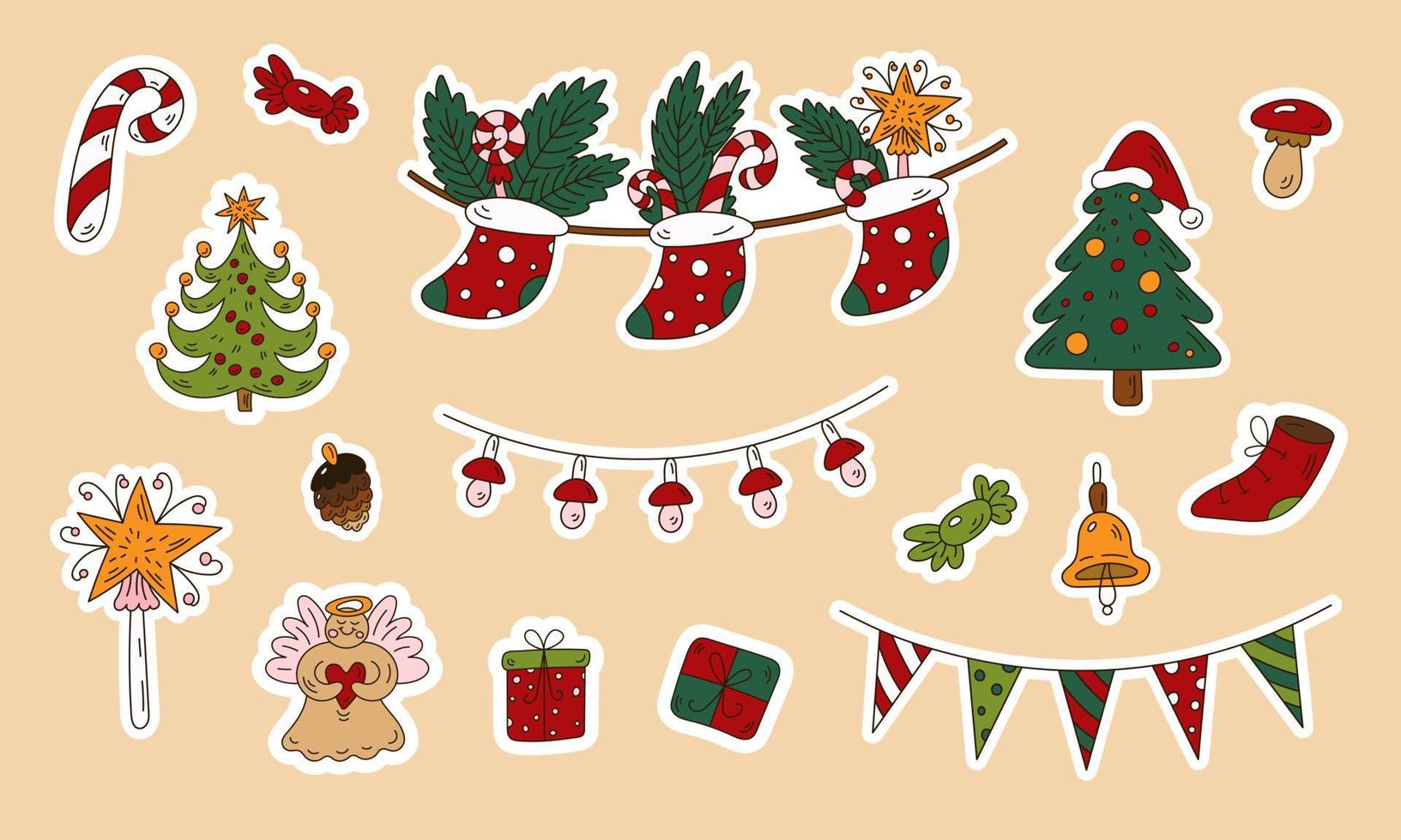 Kerstmis tekenfilm verzameling van stickers met decor elementen. schattig tekening Kerstmis boom, guirlande, peperkoek engel vector