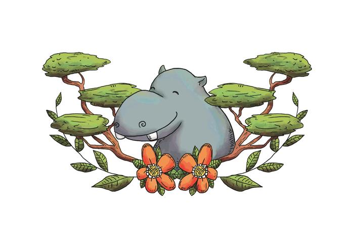 Waterkleur Hippopotamus Karakter Glimlachen Met Bladeren En Bloemen vector