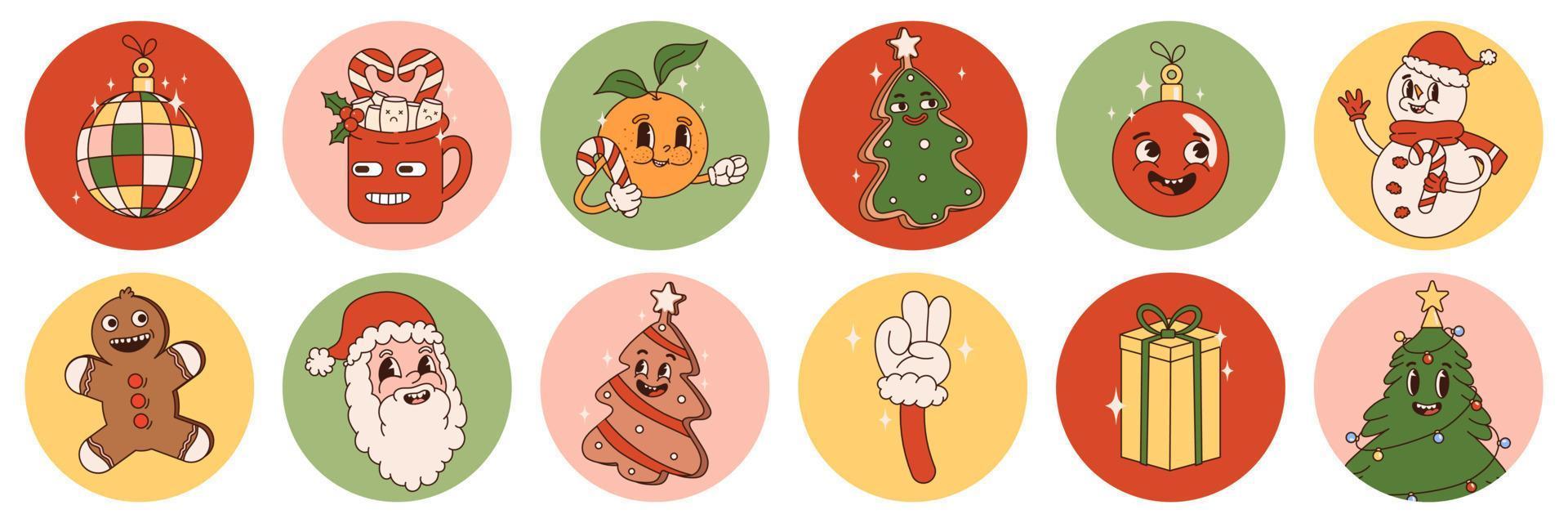 hippie groovy Kerstmis sticker pak met retro tekenfilm tekens en elementen. vrolijk Kerstmis en gelukkig nieuw jaar in jaren 70 gevoel. vector