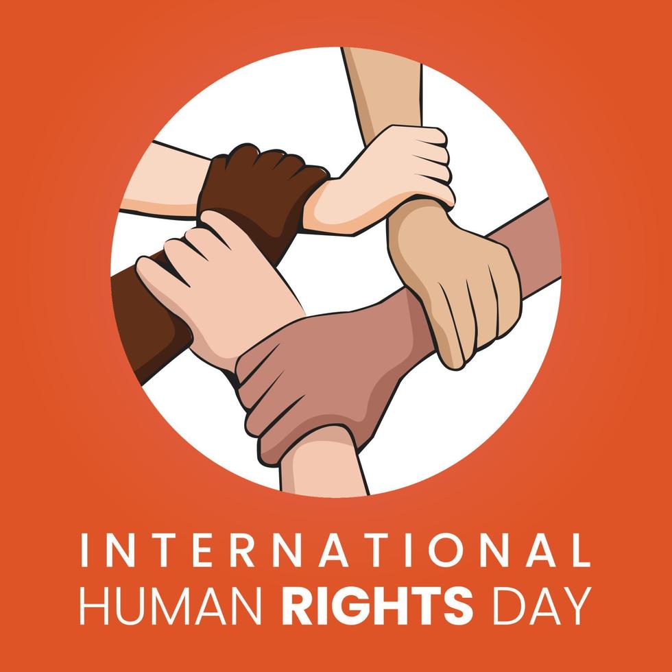 ontwerp voor viering de menselijk rechten dag met verschillend huid toon handen Holding - staan omhoog voor menselijk Rechtsaf thema. web banier voor sociaal gelijkwaardigheid. vector