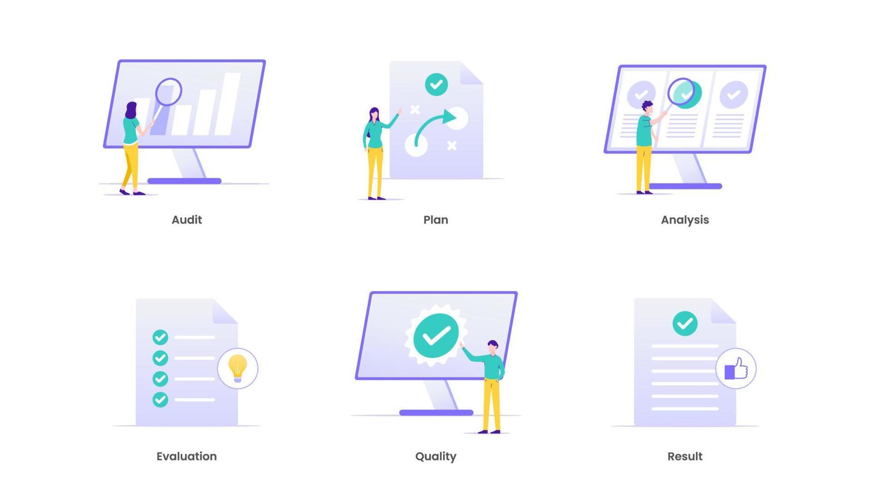 beoordeling analyse evaluatie meten bedrijf analytics vector illustratie concept met pictogrammen. geschikt voor ui, ux, web, mobiel, banier en infografisch.