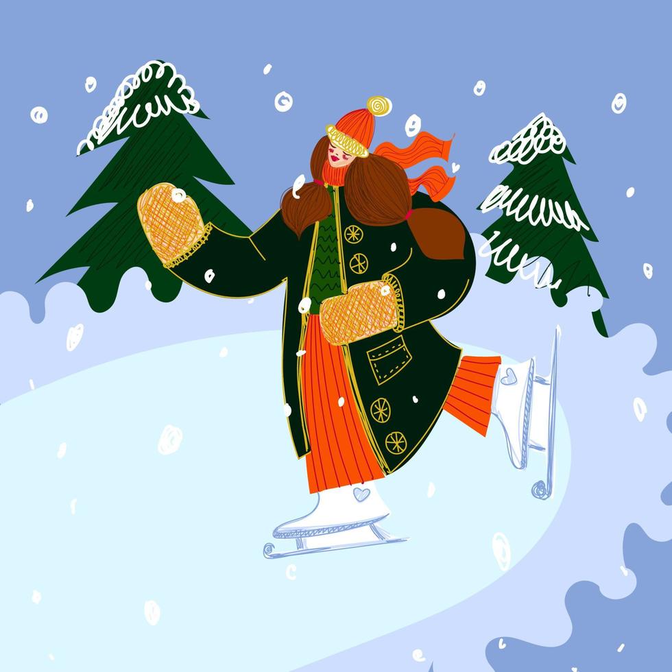 winter kaart met een meisje Aan de ijs baan. vrouw in warm kleren is het schaatsen. groet kaart voor nieuw jaar, uitnodiging. vlak stijl, vector illustratie.