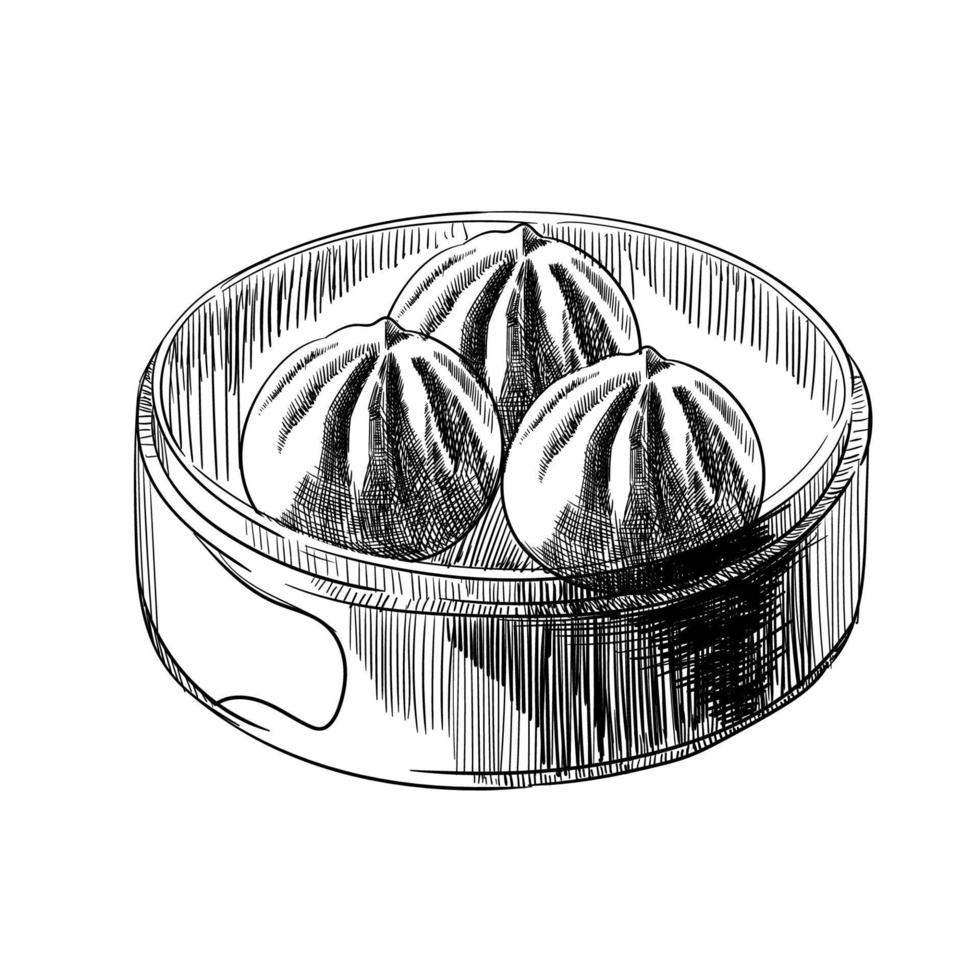 baozi mantou momo khinkali. Aziatisch traditioneel voedsel knoedels in bamboe stoomboot. vector icoon met Chinese voedsel gestoomd knoedels of broodjes. zwart en wit grafiek.