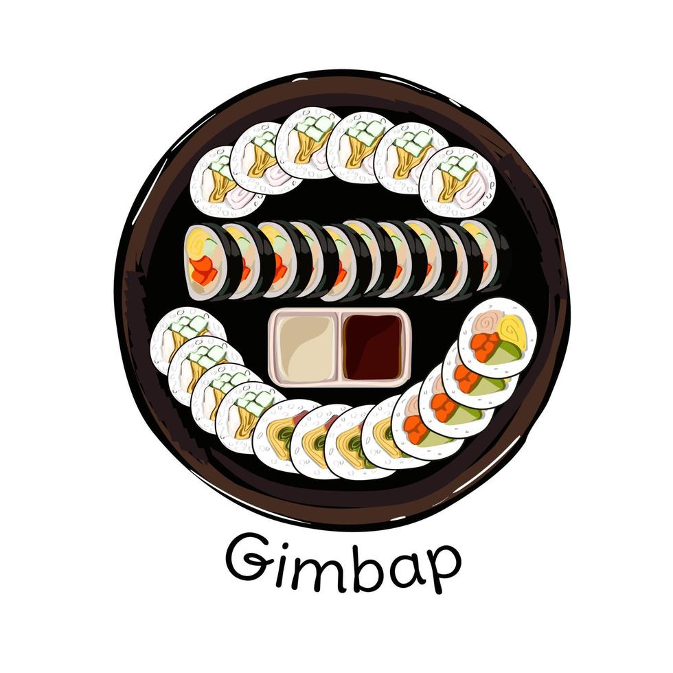 Koreaans kimbap. geïsoleerd kimbap of gimbal in Aan wit achtergrond. authentiek Aziatisch voedsel, Koreaans straat voedsel, een plak van rijst- rollen. top visie, vector illustratie.