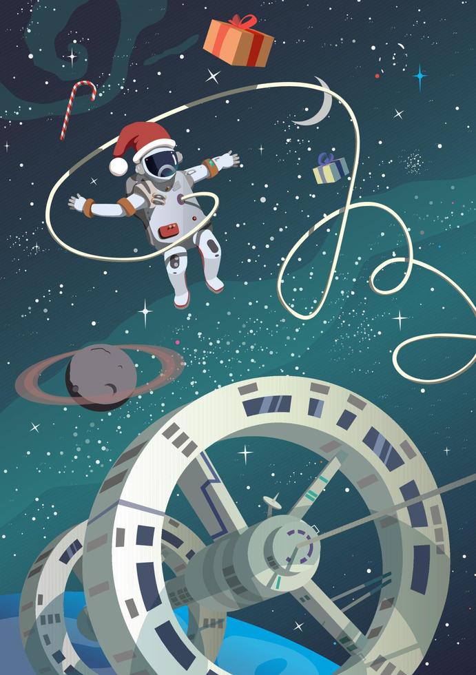 Kerstmis in aarde baan, astronaut in buitenste ruimte. vector. vector