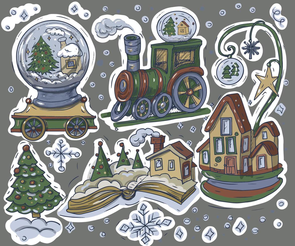 Kerstmis locomotief kleur boek voor kinderen vakantie schetsen tekening reeks van individu elementen van speelgoed voor de vakantie nieuw jaar getrokken door hand- vector