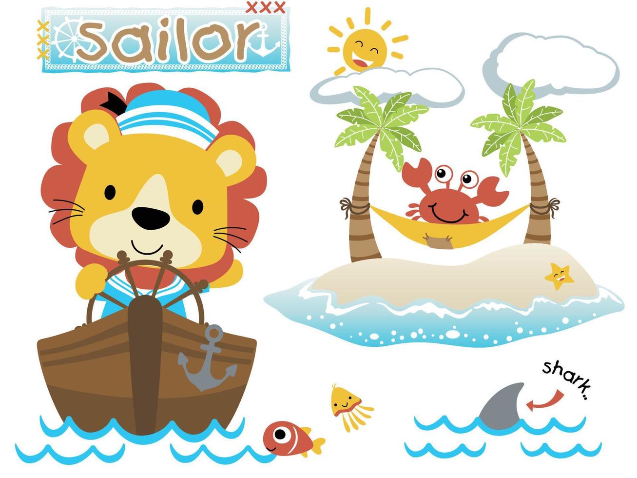 vector illustratie van schattig leeuw tekenfilm in matroos kostuum Aan boot, het zeilen elementen met marinier dieren, eiland