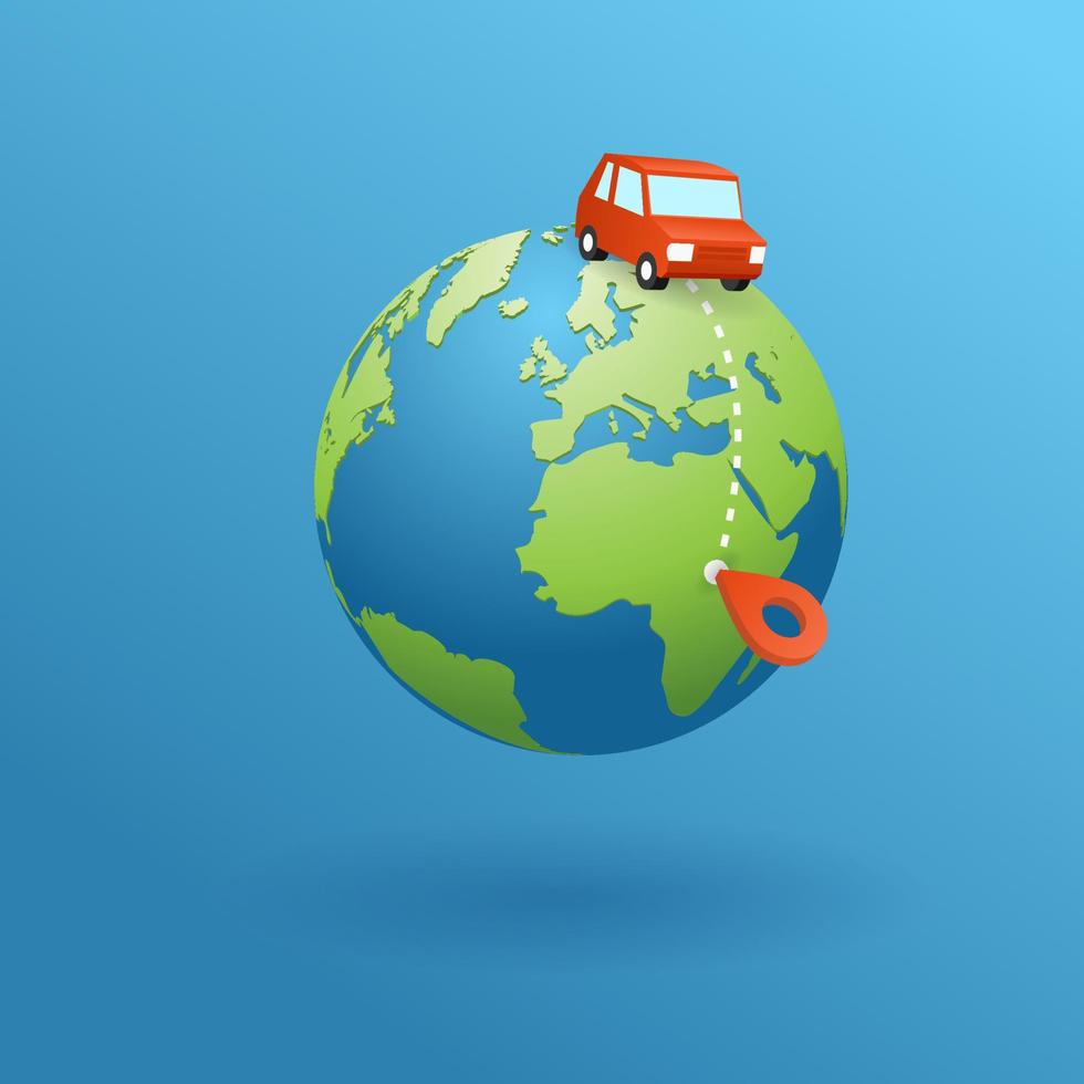 aardrijkskunde wereldbol. tijd naar reizen. aarde planeet met plaats Mark gekweld. wereld kaart met dots wijzer van positie. auto delen bijhouden app. rood auto voor huur. navigatie GPS concept van reizend, logistiek. vector