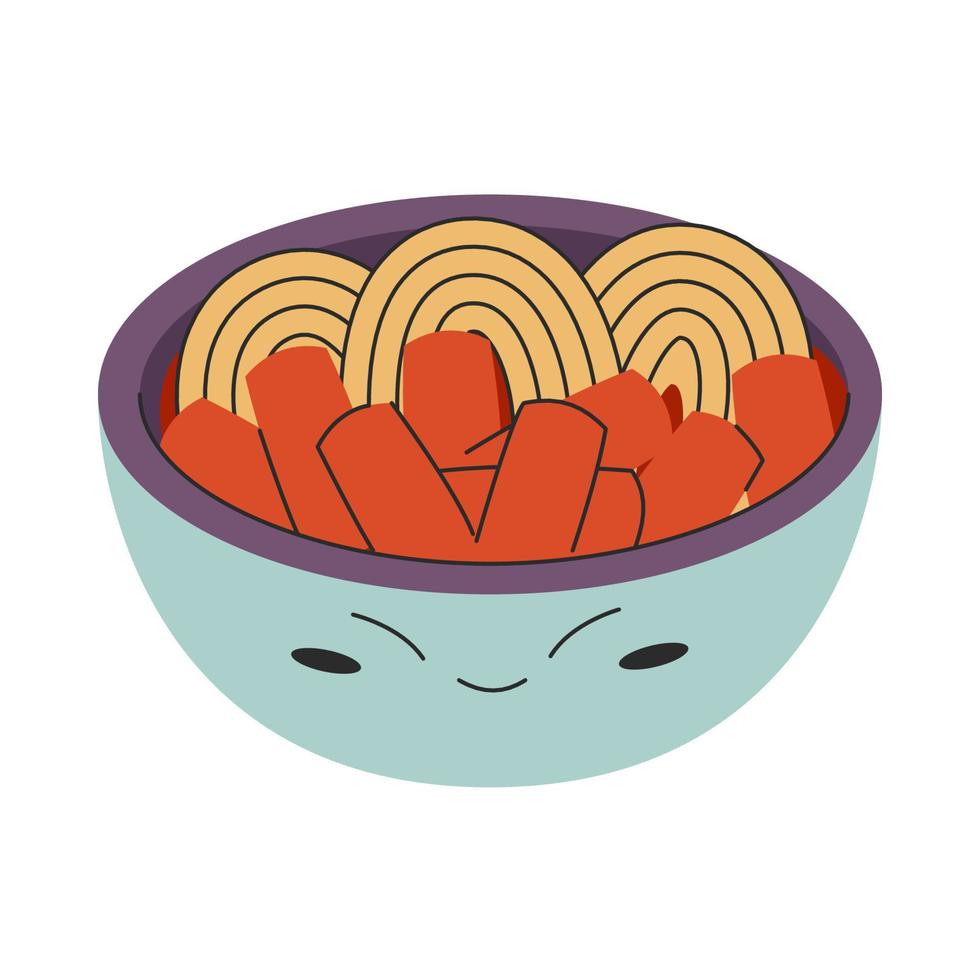 tteokbokki Koreaans voedsel illustratie - rijst- cakes tteokbokki in schattig kom met pittig saus. vector voorraad illustratie geïsoleerd Aan wit achtergrond. vlak stijl