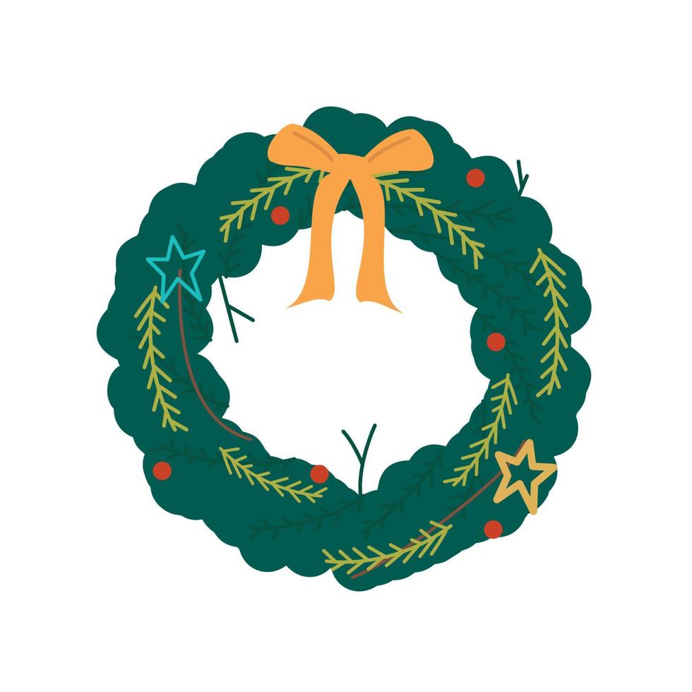 kleur illustratie van een winter Kerstmis krans van pijnboom takken met een geel boog en sterren. vector voorraad illustratie geïsoleerd Aan wit achtergrond