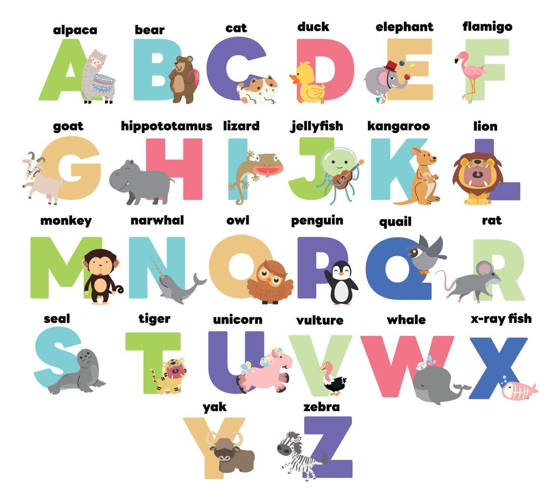 grappig dier alfabetten voor kinderen onderwijs reeks vector