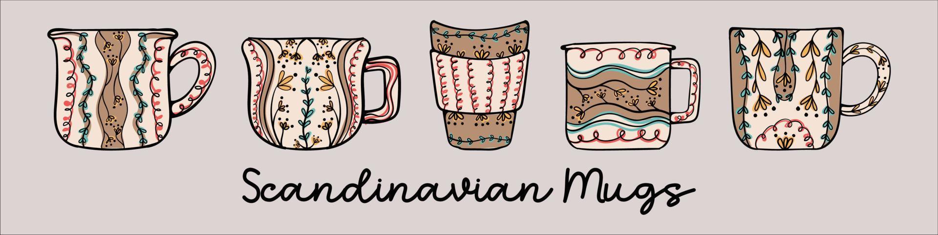 Scandinavisch mokken retro stijl porselein koffie en thee cups vector illustratie 02