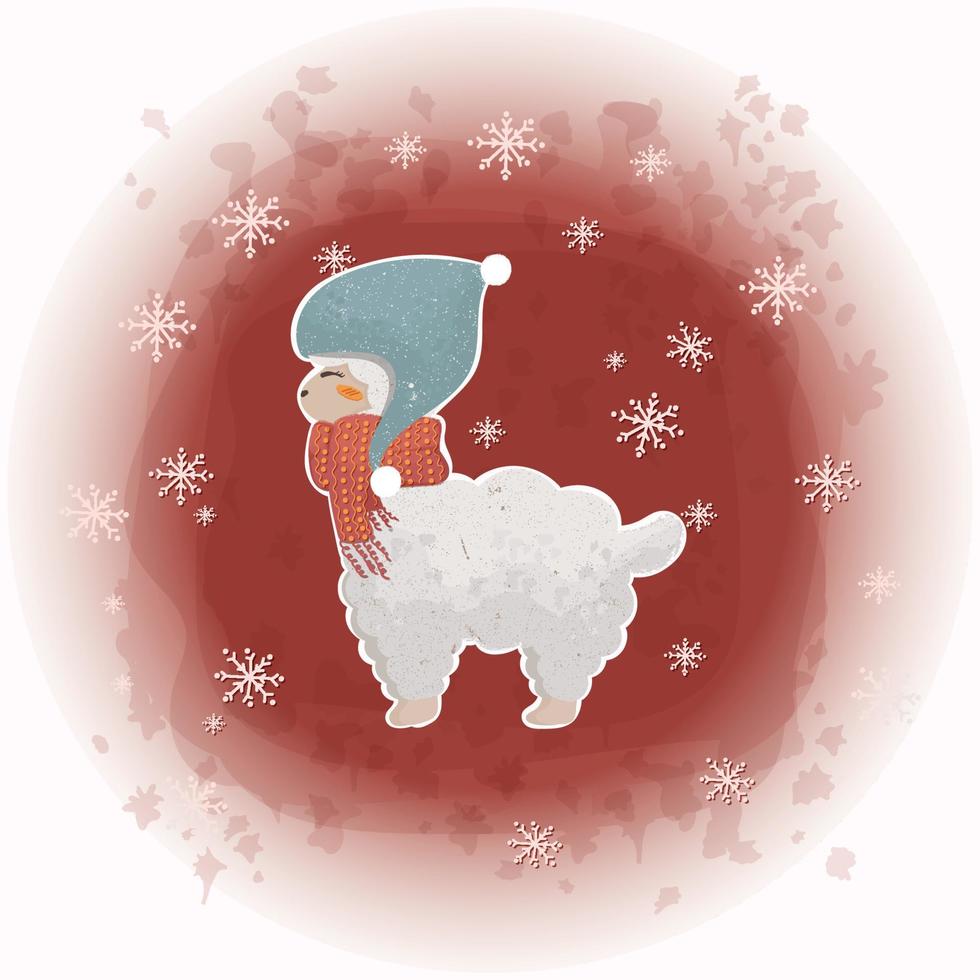 Kerstmis alpaca in winter hoed en sjaal terwijl sneeuwen met waterverf plons achtergrond 04 vector