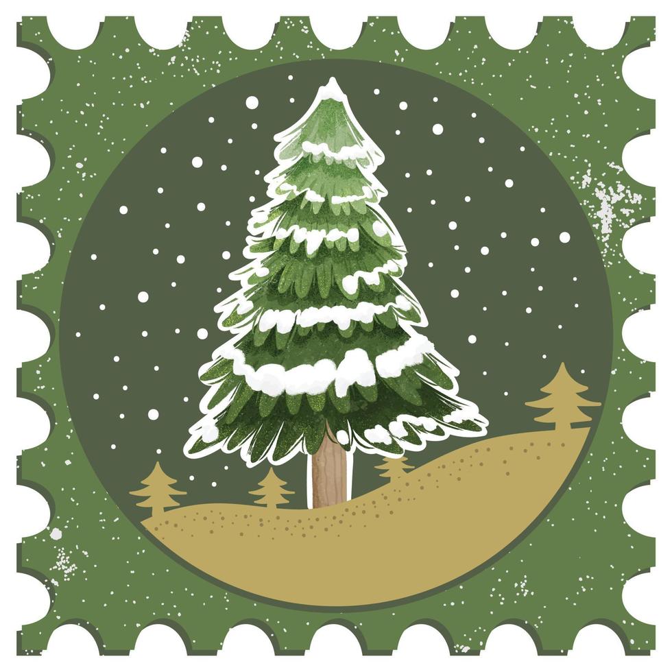 waterverf pijnboom boom wijnoogst postzegel voor Kerstmis groet kaarten vector samenstelling 06