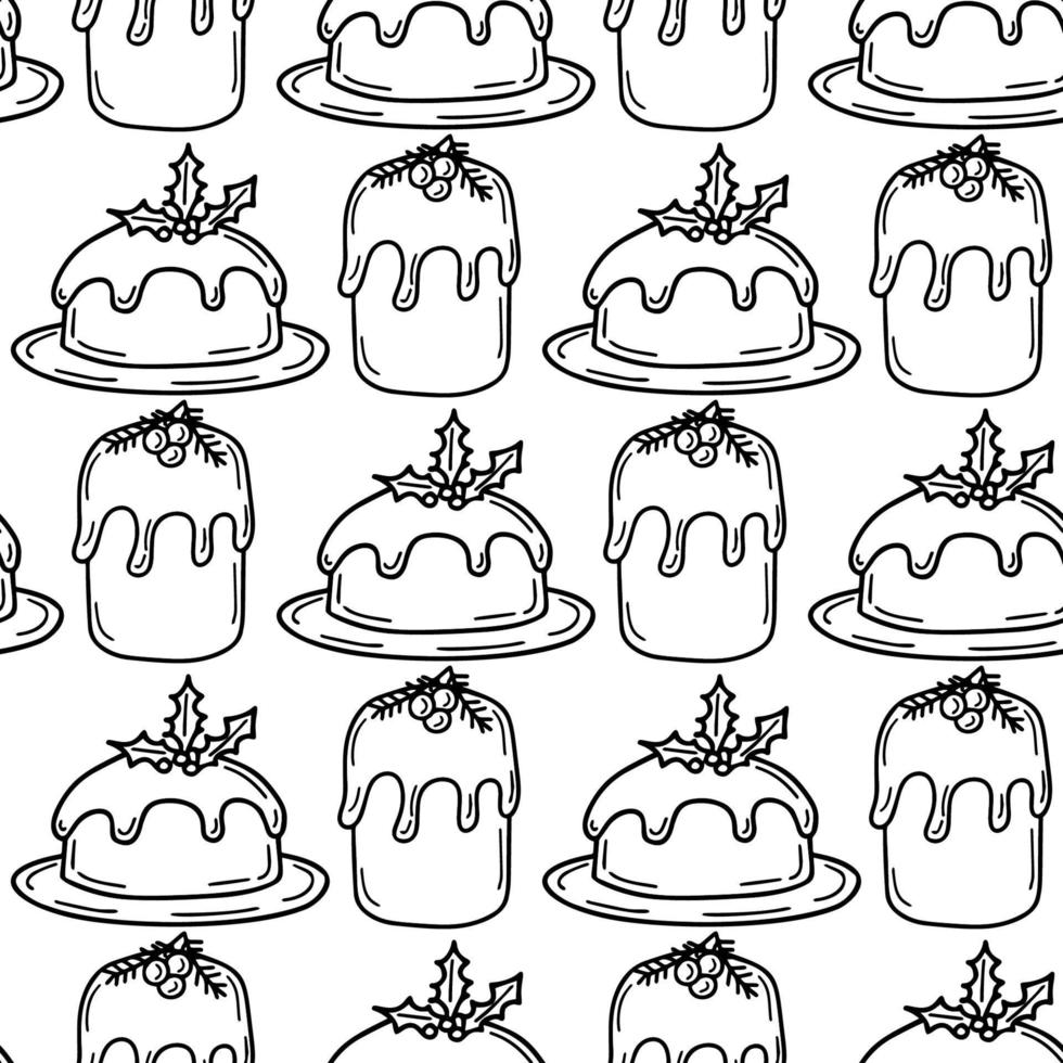 naadloos patroon met traditioneel Kerstmis taart en cacao met marshmallows in tekening stijl vector