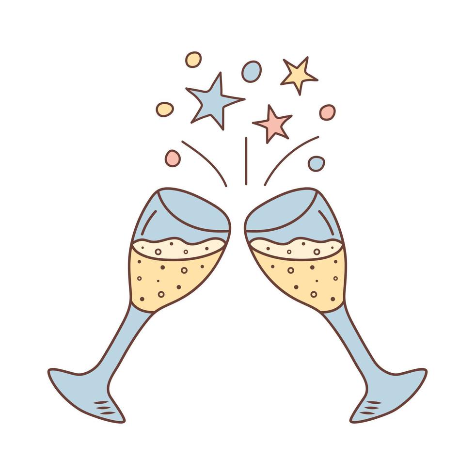 twee gerinkel bril met Champagne. proost, vakantie geroosterd brood, verjaardag, partij, verjaardag concept. hand- getrokken tekening illustratie. vector