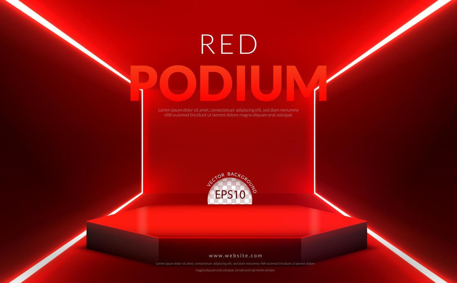 rood achtergrond concept, rood veelhoek podium met neon licht Aan rood kamer, vector illustratie