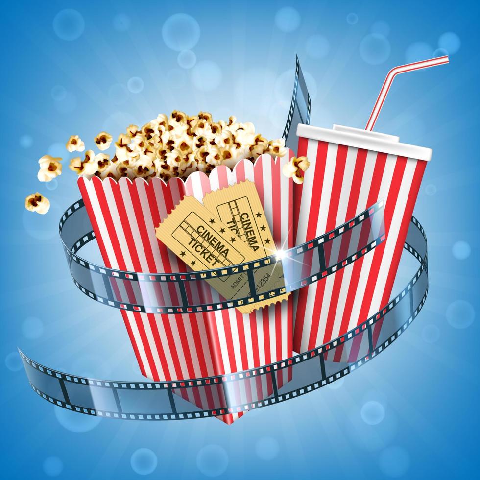 bioscoop popcorn, Frisdrank drankje, kaartjes en film strip vector